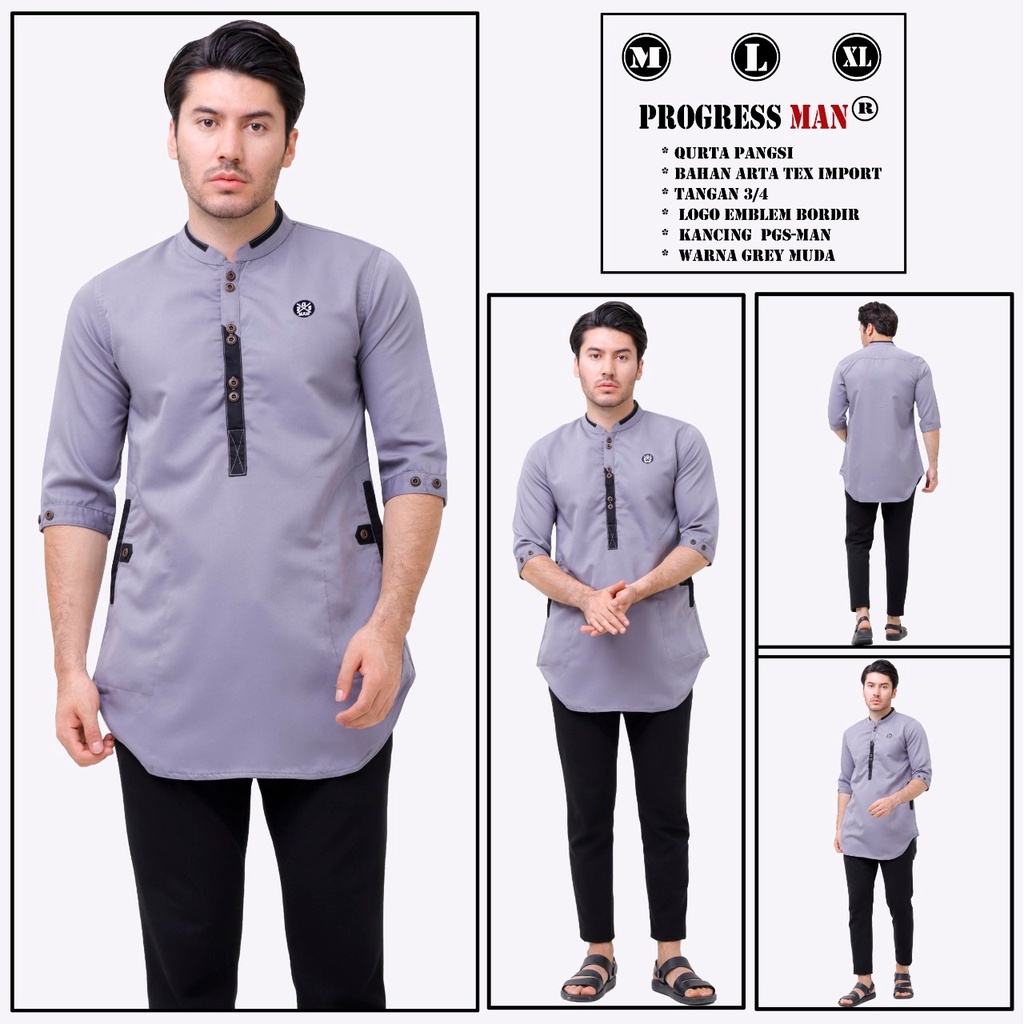 PROGRESS MAN baju koko pria lengan tiga perempat koko kurta pangsi kemeja koko pria lengan tiga perempat koko kurta pangsi baju kurta pangsi dewasa logo bordir Hijau Botol P4N9S209