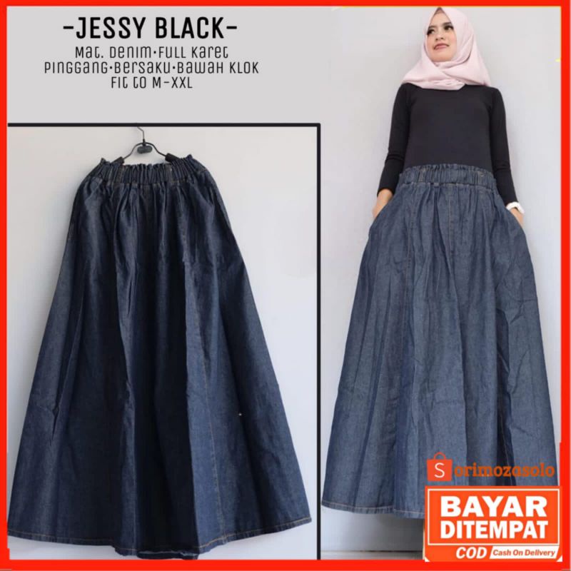 Orimoza Xandra Rok Jeans Panjang Kancing Depan Button Denim Skirt Snow-2