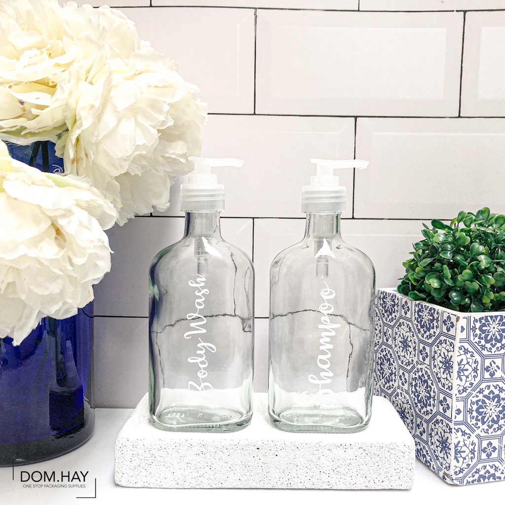 Bathroom Bottle Aesthetic 250ml Botol Pump Kaca Clear Gepeng Free Stiker HOME LIVING Shampoo Soap Dispenser Sabun Lotion Detergent Toiletries Daily Cleanser