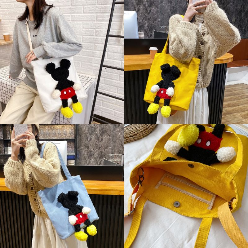 Tas Tenteng Selempang Tote Bag Kanvas Karakter Mickey Mouse Timbul