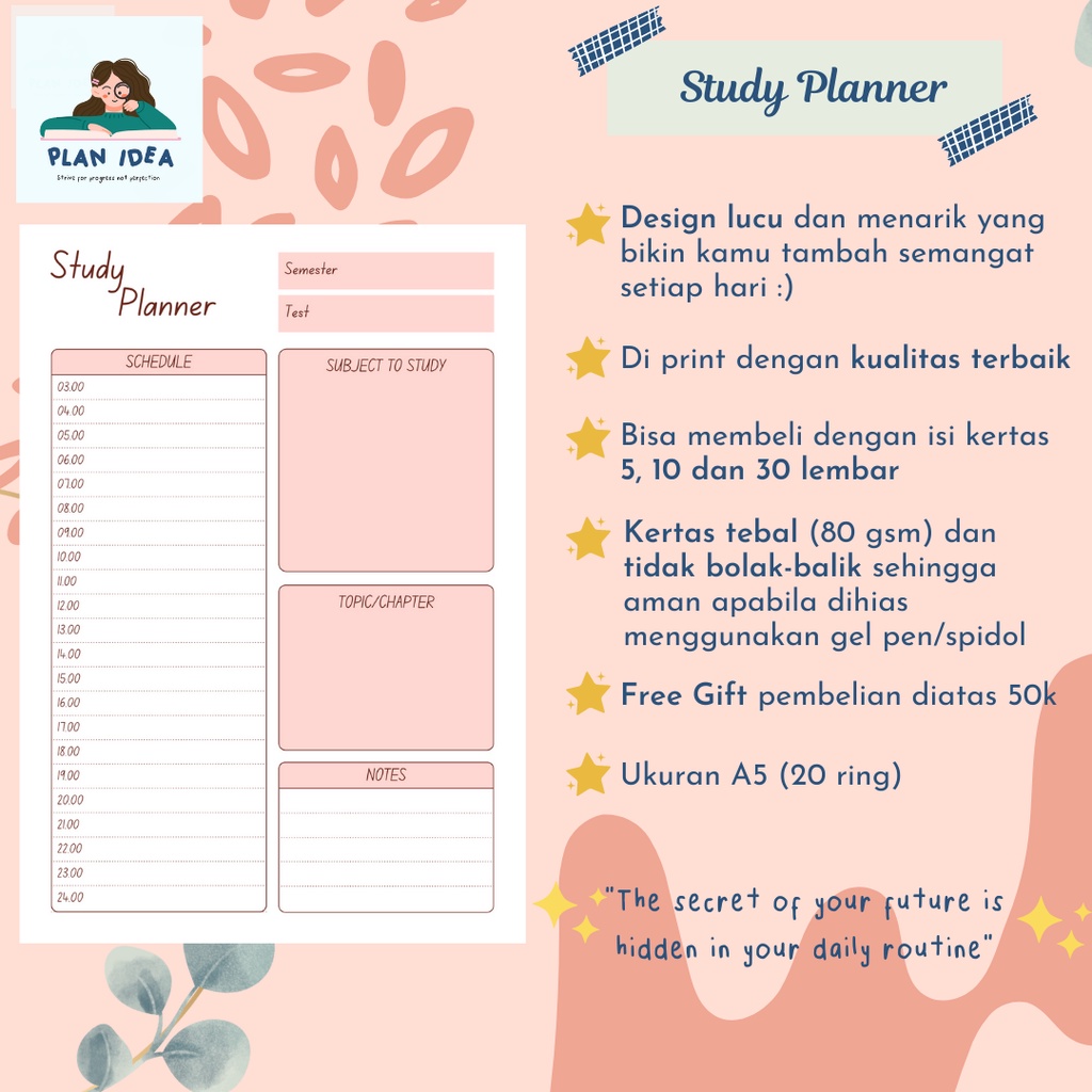 

Study Planner/To Do List/Study Plan Schedule Organizer/Refill Binder/Kertas Binder A5 80 GSM