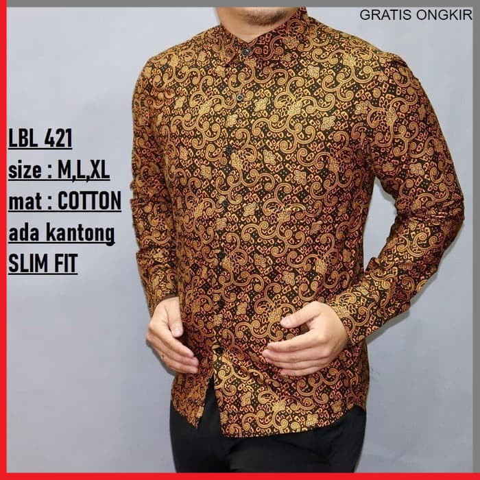 KEMEJA PRIA BATIK LENGAN PANJANG HEM BAHAN KATUN HALUS 40S LBL 421 BAJU MODERN MEWAH SLIMFIT SLIM FIT BY PENDEK JAKARTA PLATINUM