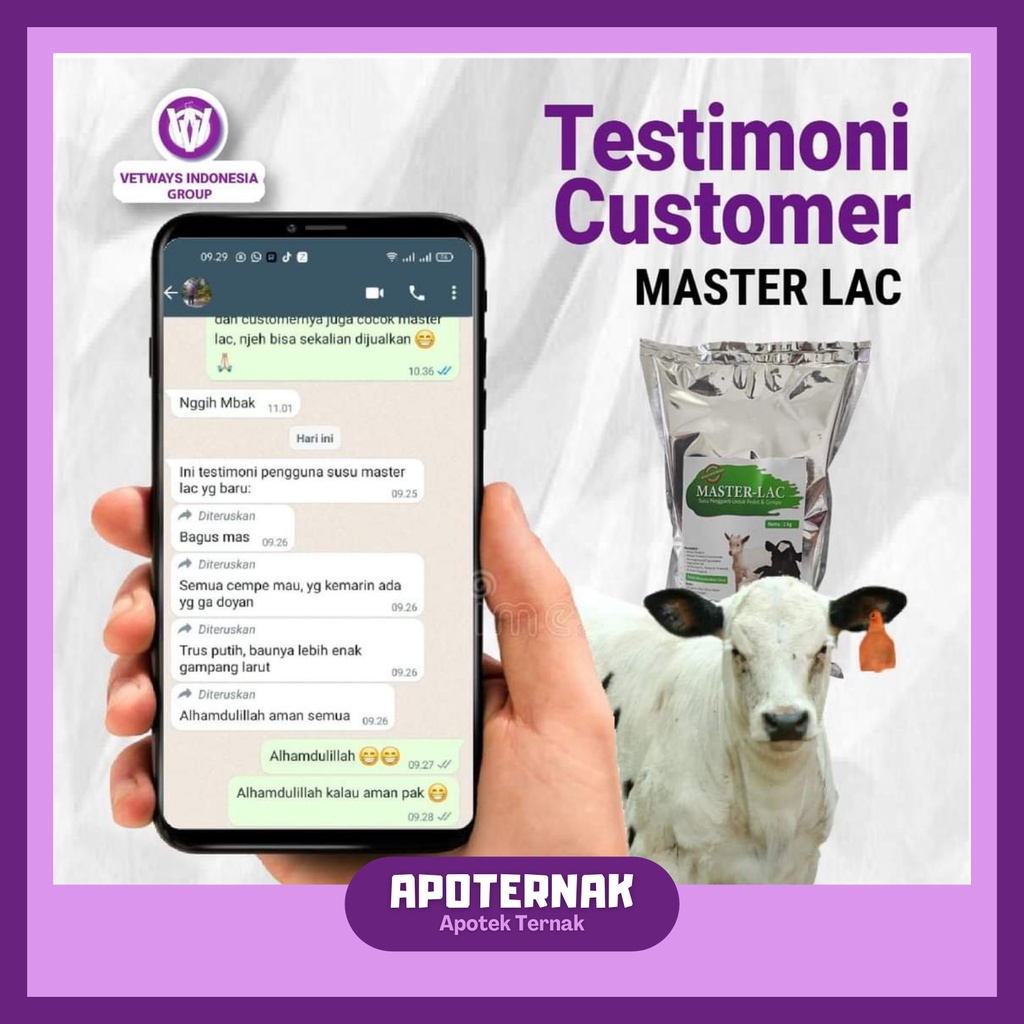 MASTERLAC 500 gr Anti Mencret | Susu Pengganti Susu Sambung Induk Sapi Kambing Domba Anti Diare | Susu Pedet Cempe | Kalvolac, Vetways Lac | Apoternak