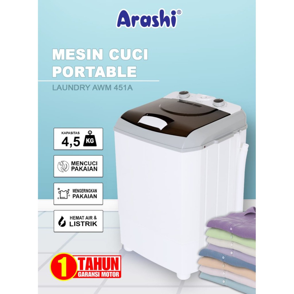 IDOLMART Arashi Mesin Cuci Portable AWM 451A / Mesin Cuci Arashi AWM 451A / Mesin Cuci Mini Portable 4.5Kg