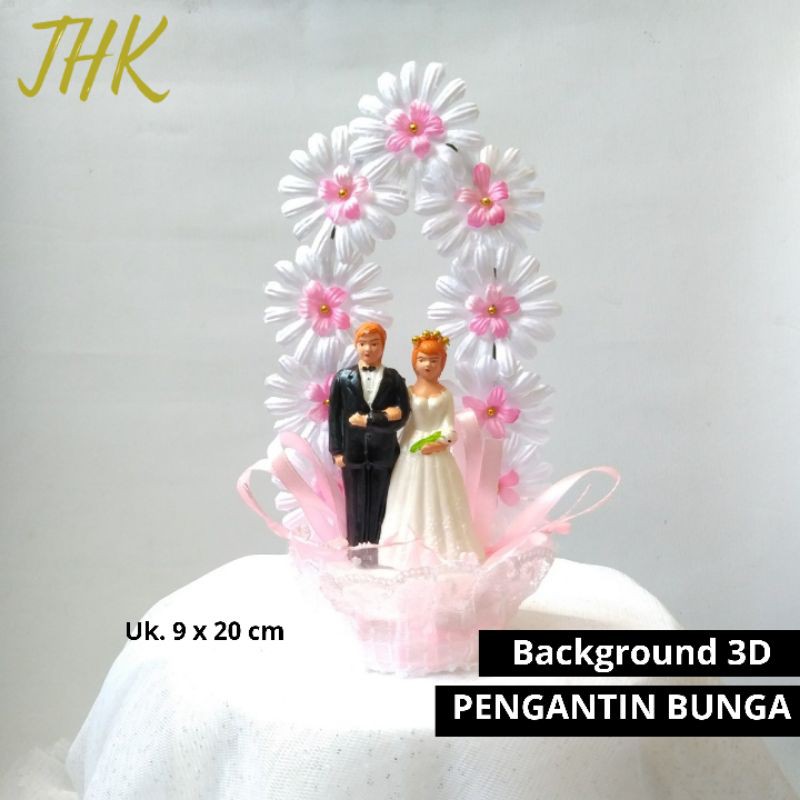 3D Hiasan Kue Background Cake Topper Patung Pengantin Jilbab Hijab Bunga