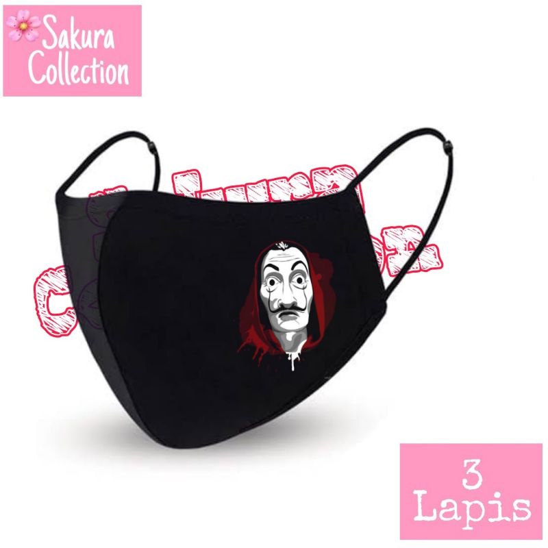 Masker kain 3 lapis - MONEY HEIST - LA CASA DE PAPEL - LA CASA DE QUARANTINE / EARLOOP HITAM 3PLY