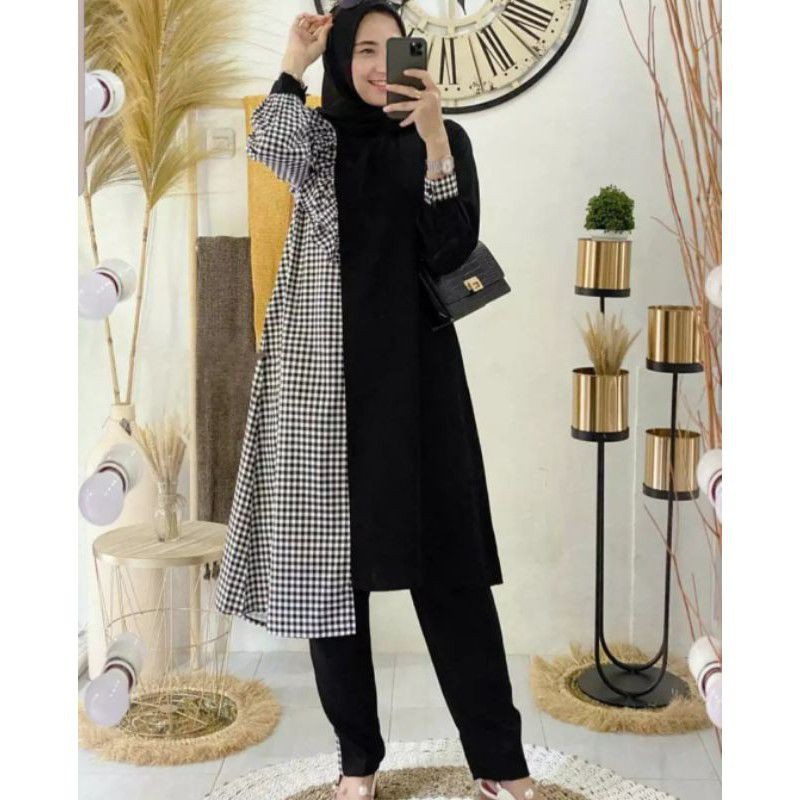 setelan celana tunik kotak square monocrome 2in1 free celana tunik pesta tunik desita