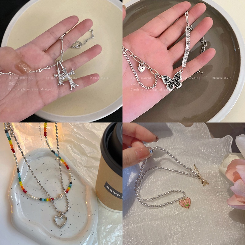 Y2k Kalung Rantai Multilayer Liontin Hati / Kupu-Kupu / Salib / Mutiara / Kristal Untuk Perhiasan Wanita