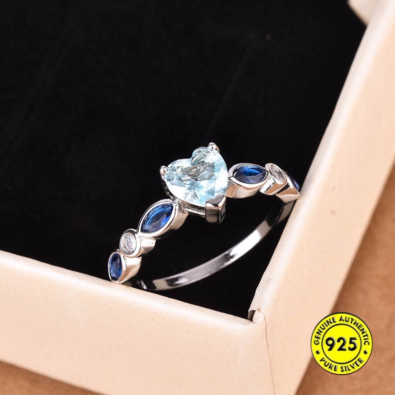 Cincin Sterling Silver 925 Dengan Topaz Bentuk Hati Warna Biru Laut Untuk Wanita