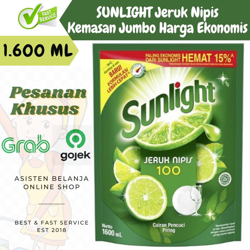 SUNLIGHT 1600ml Jeruk Nipis Lime Sabun Cuci Piring 1.6 Liter L 1600 ml 1.6L 1.6Liter 1,6 Liter 1,6L