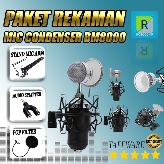 Paket Mic Condenser BM8000 +Stand Mic+Audio Splitter +Pop Filter