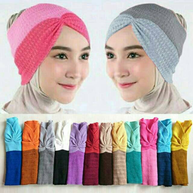  Bandana  Rajut dua  warna bandana  serut dalaman jilbab 