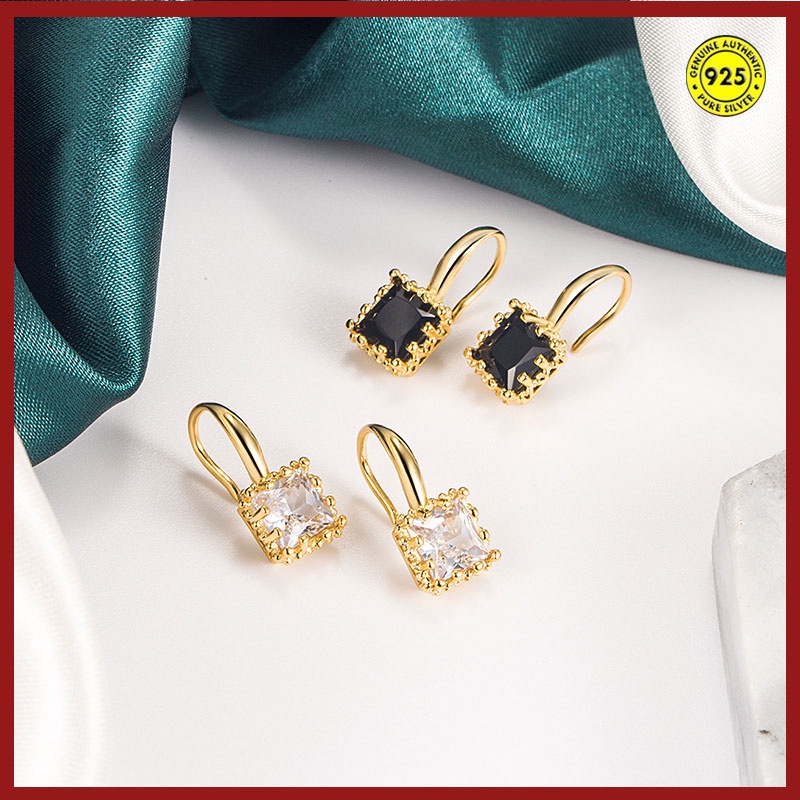 Anting Sterling Silver Bentuk Persegi Aksen Zircon Gaya Retro Perancis