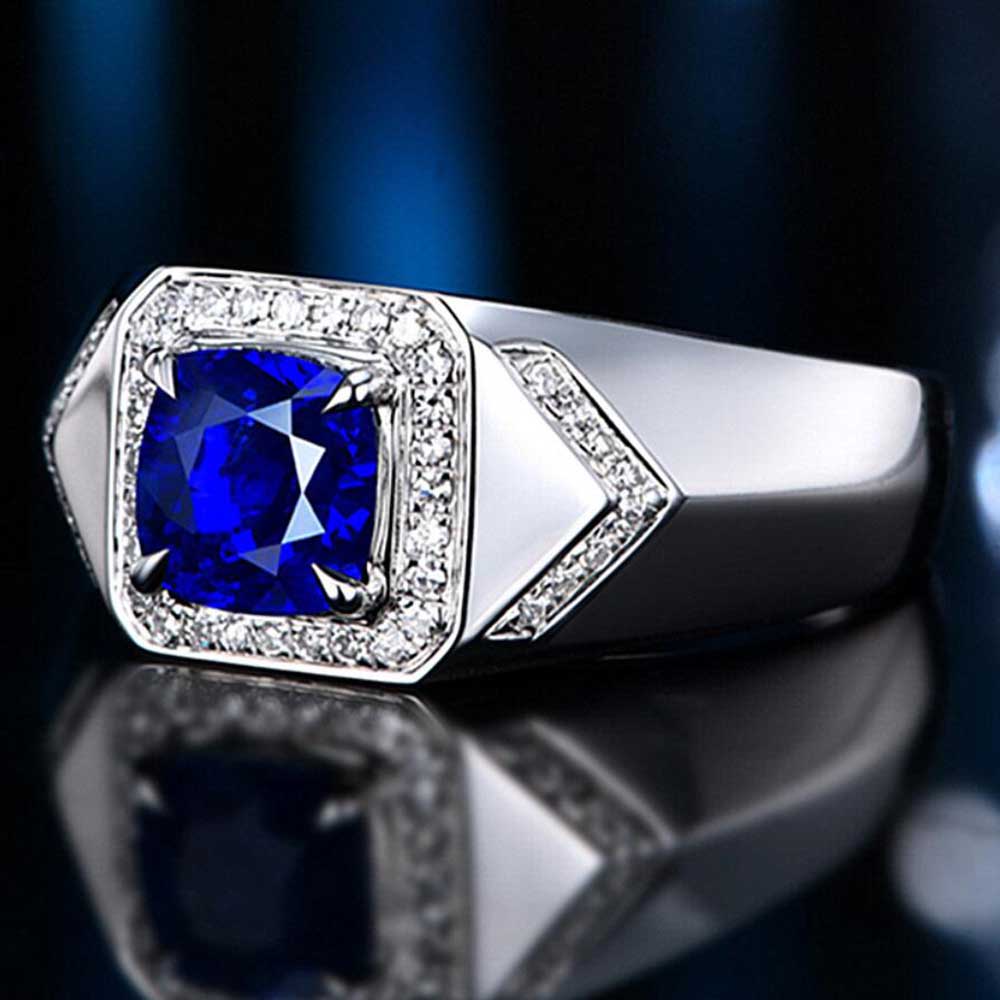 Cincin Pria Perak Kotak Safir Baja Titanium Kristal Zirkon Ring Aksesoris Fashion