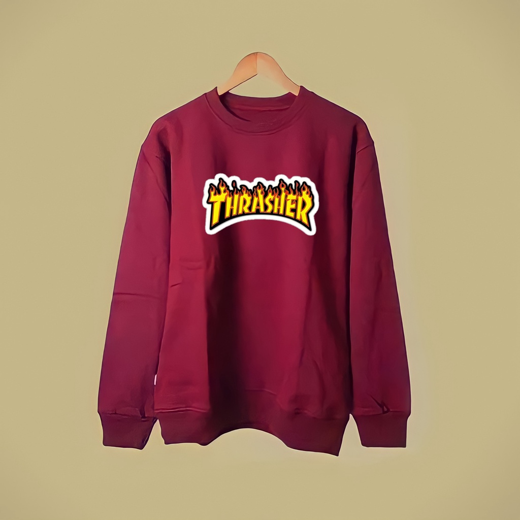 Sweater Crewneck Pria Wanita Thrasher Katun Fleece