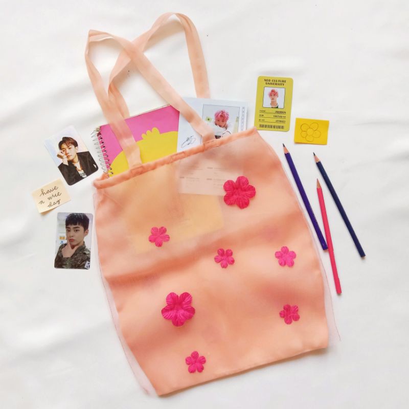 Totebag Organza Handmade Bunga Lucu Seethrough Mesh Murah Kualitas Bagus High Quality | Maita Pink