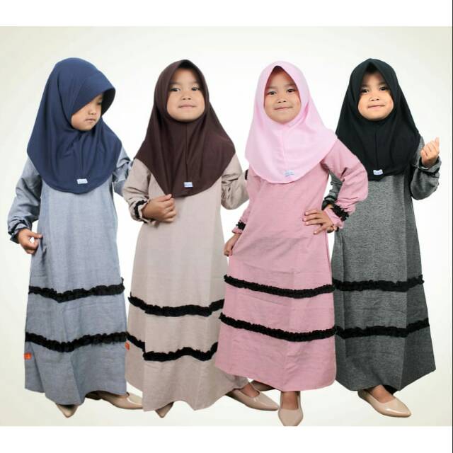 Salim Moslem–Busana Muslim/Gamis Anak Perempuan Daily Triji Variasi Pita Navy-Coklat-Pink-Hitam