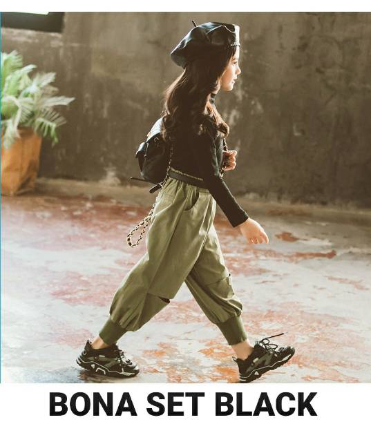 BONA SET BLACK / BAJU SETELANA LENGAN PANJANG CELANA PANJANG ANAK IMPORT KOREA