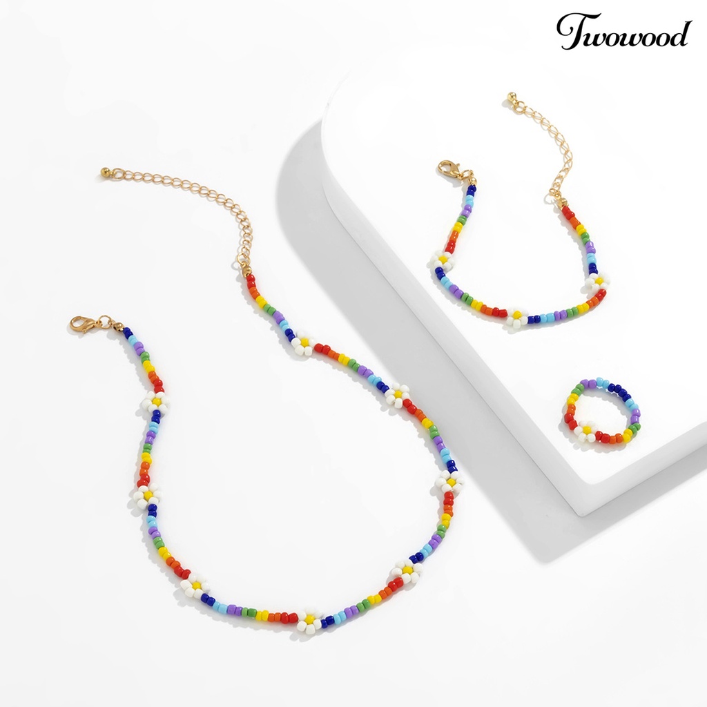 1 Set Kalung Gelang Cincin Manik-Manik Bunga Warna-Warni Handmade Untuk Perhiasan Pantai