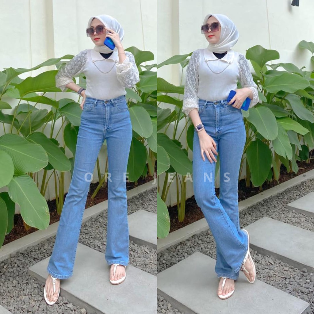 ORE - Celana Cutbray Jeans Highwaist Polos Panjang Wanita - Auto Slim