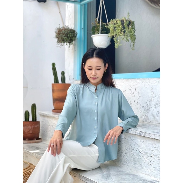 Kemeja Wanita Blouse Adem - Atasan Wanita Lengan Panjang 2282-Blue
