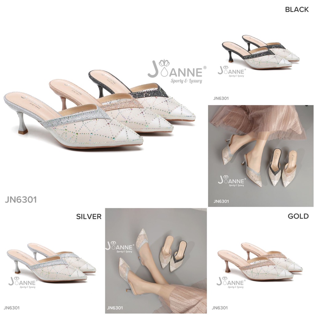 JOANNE Mules Heels Mutiara Glitter Pesta Shoes #JN6301 ORIGINAL