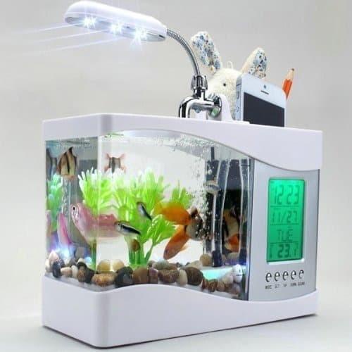 Aqua | Aquarium Unik Dengan Tempat Bolpen Dan Hp, Lampu Led Dan Jam Digital