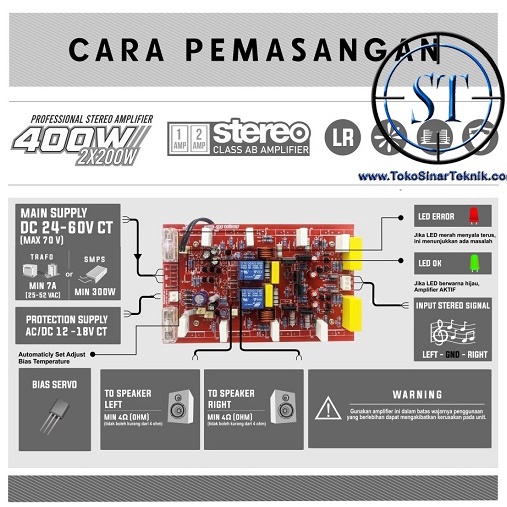 Kit Power Amplifier Stereo AMPSTER SC2 400W ( 2x200W ) High Class AB 8X 2 Channel Left And Right Heavy Duty