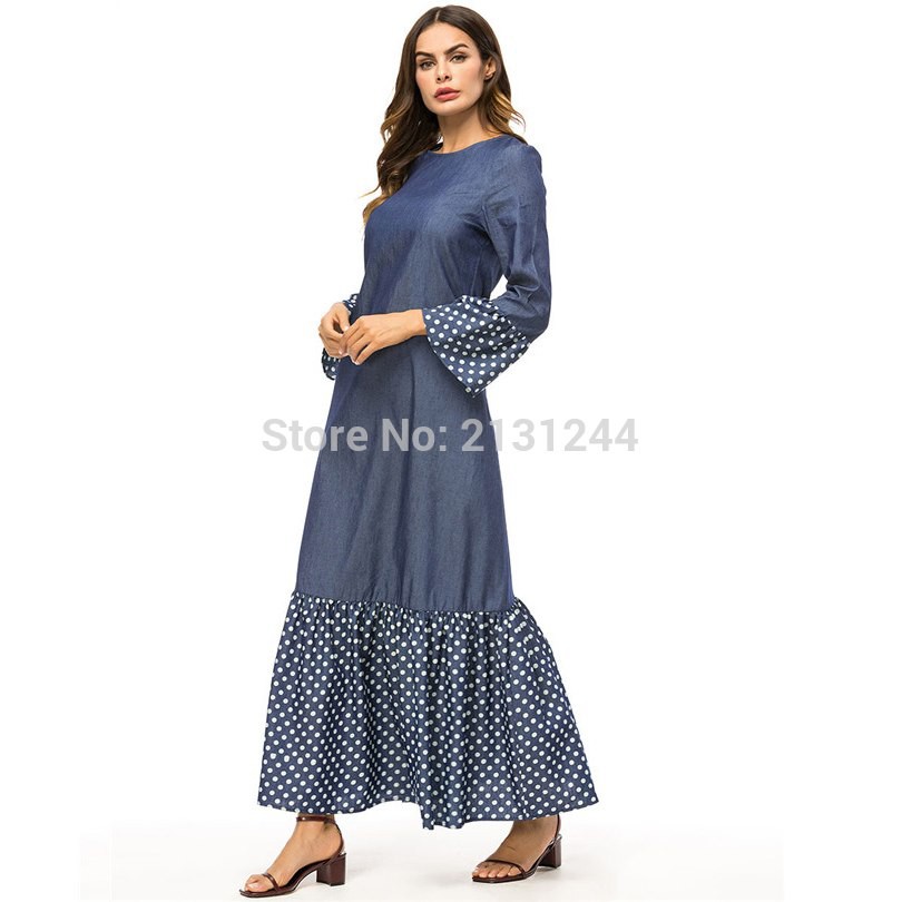 Abayas For Women Winter Kaftan Qatar UAE Denim Dot Abaya Muslim Hijab Dress Women Jilbab Robe Dubai