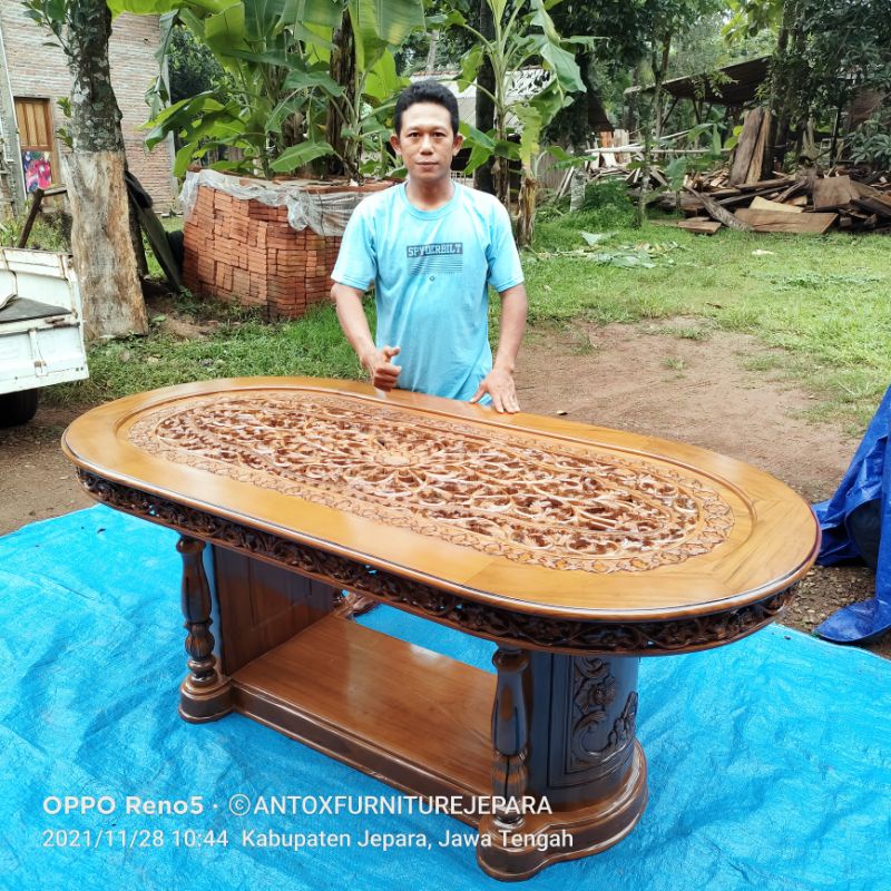 meja makan ukiran kayu jati mebel Jepara
