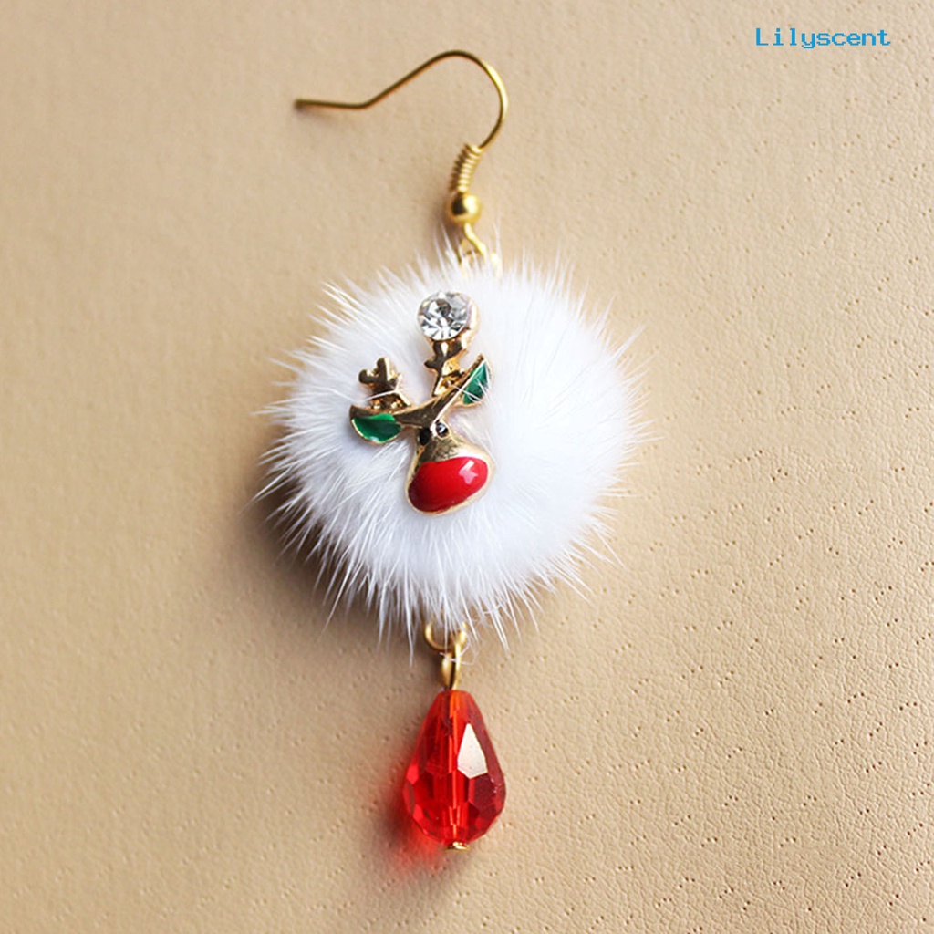 Lilyscent 1 Pair White Plush Ball Red Rhinestone Xmas Earrings Alloy Santa Claus Elk Pendant Hook Earrings Fashion Jewelry