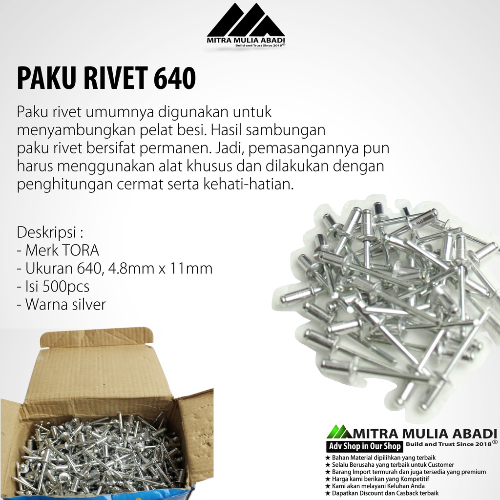 Paku Rivet TORA 4,8mm x 11 mm Blind Rivets 640 paku tembak - 10 pcs