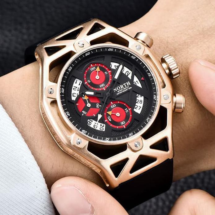 Jam Tangan Pria Original NORTH 7710 Chronograph Anti Air Black Gold JS0274