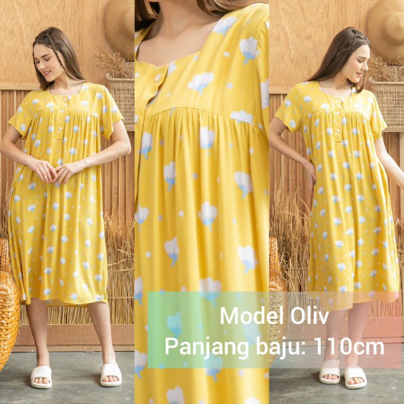 DASTER KHALIFS SLEEPWEAR EXCLUSIVE KHALIF'S ID HOMEWEAR HOMEDRESS RAYON VALENCIA SUPER PREMIUM BUSUI BAJU HAMIL FRIENDLY MIDI NYAMAN GEMES ADEM TERBARU-OLIVE Livia Yellow