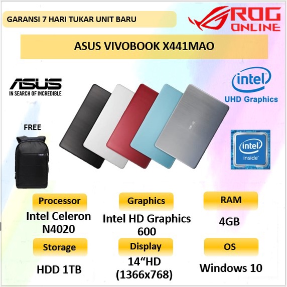 LAPTOP ASUS VIVOBOOK INTEL N4020 RAM 4GB 1TB HDD WINDOWS 10 LAYAR 14 INCH HD - X441MAO