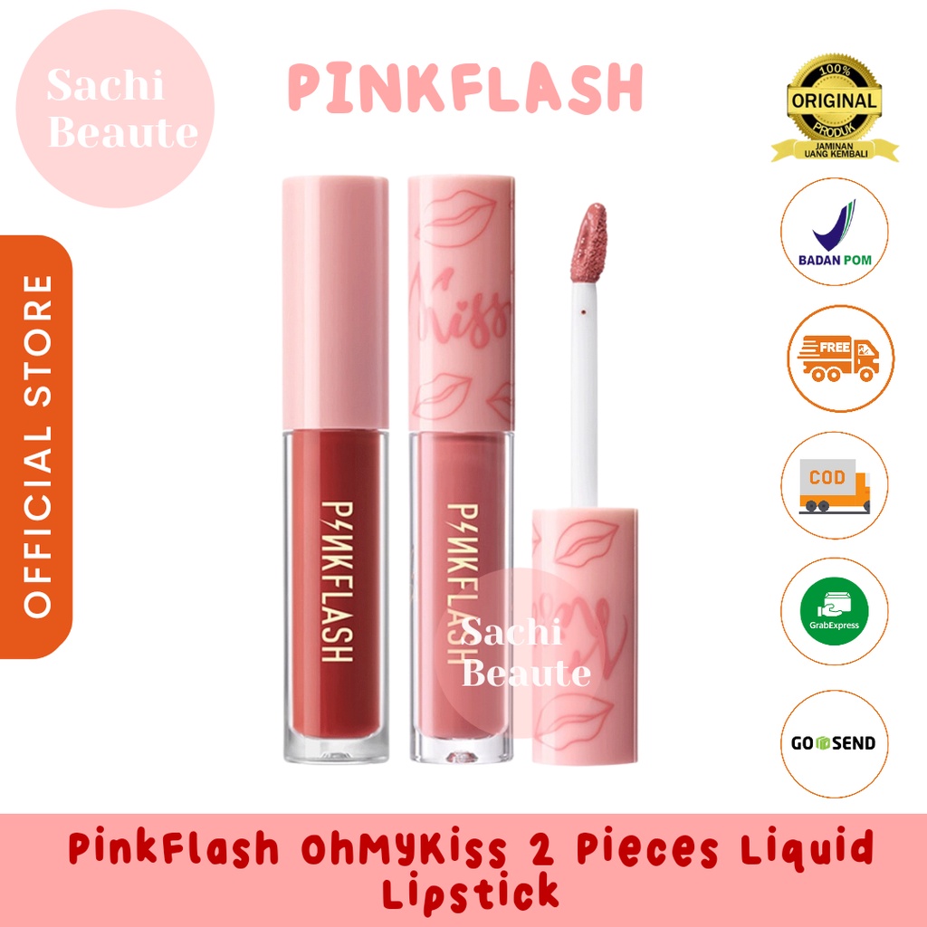 PINKFLASH OhMyKiss 2 Pieces Liquid Lipstick Long Lasting Lipstik Cair Lembut Matte digigit bibir terlihat VE Pelembab Tahan Lama Original Sachi Beaute