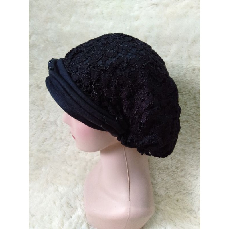 Topi Kerpus hijab ibu ibu turban topi kupluk nenek ciput emak brukat hitam kupluk songkok nenek jadul