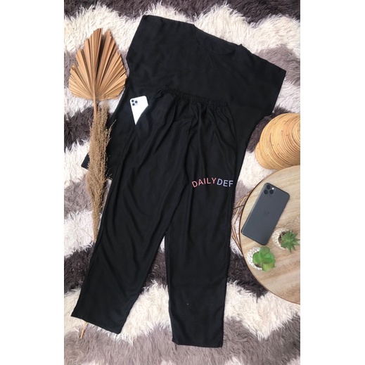 BAJU TIDUR ONE SET POLOS HITAM / SETCEL RAYON SLEEPWEAR / PIYAMA LEKBONG WANITA SATU STEL CELANA PAN