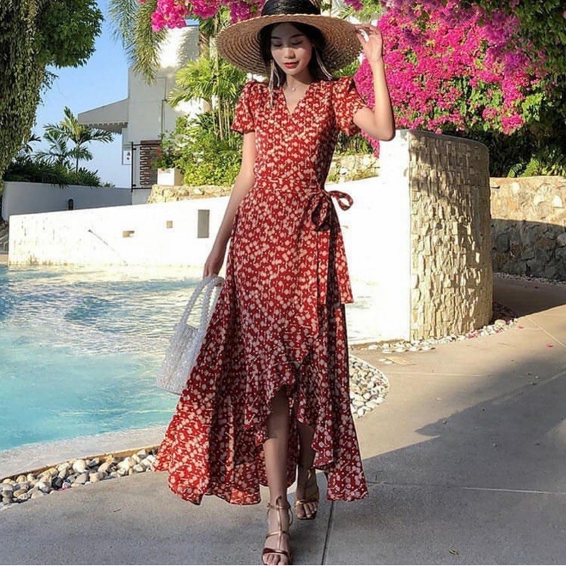 dress casual model kimono motif bunga kecil merah ukuran sesuai tubuh CODE DB33-01