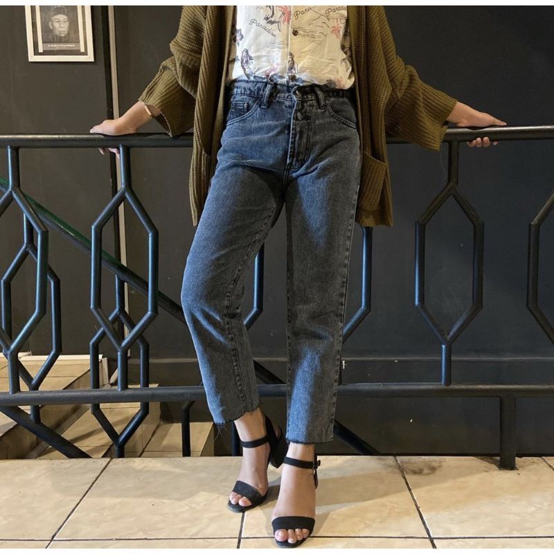 YAOSHI- Celana Panjang Pinggang Tinggi Wanita - Boyfriend Unfinish Jeans Vintage 27-34