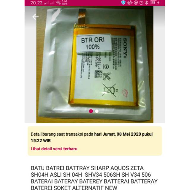 BATU BATREI BATTRAY SHARP AQUOS ZETA SHO4H ADLI SH 04H ASLI SH V34 506 BATERAY ALTERNATIF NEW