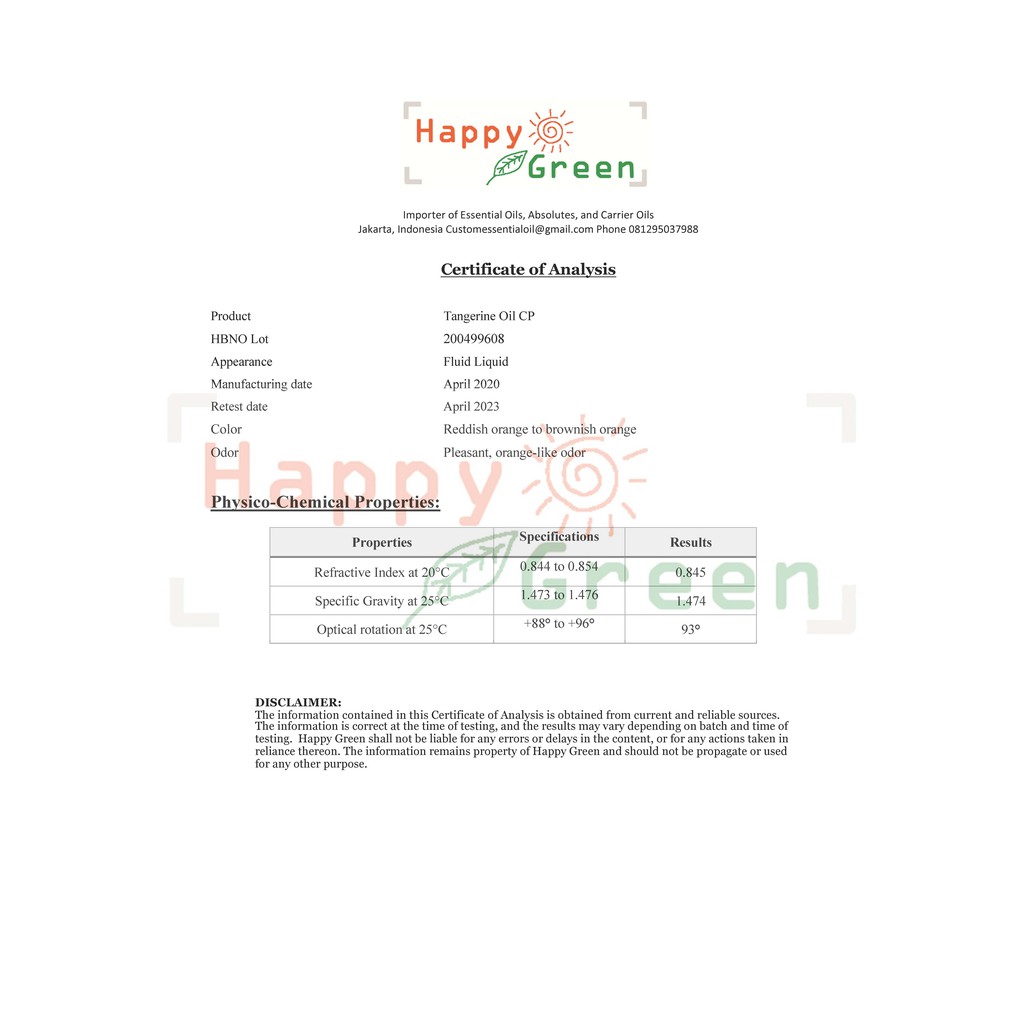 Happy Green Tangerine Essential Oil - Minyak Jeruk Keprok Citrus reticulata