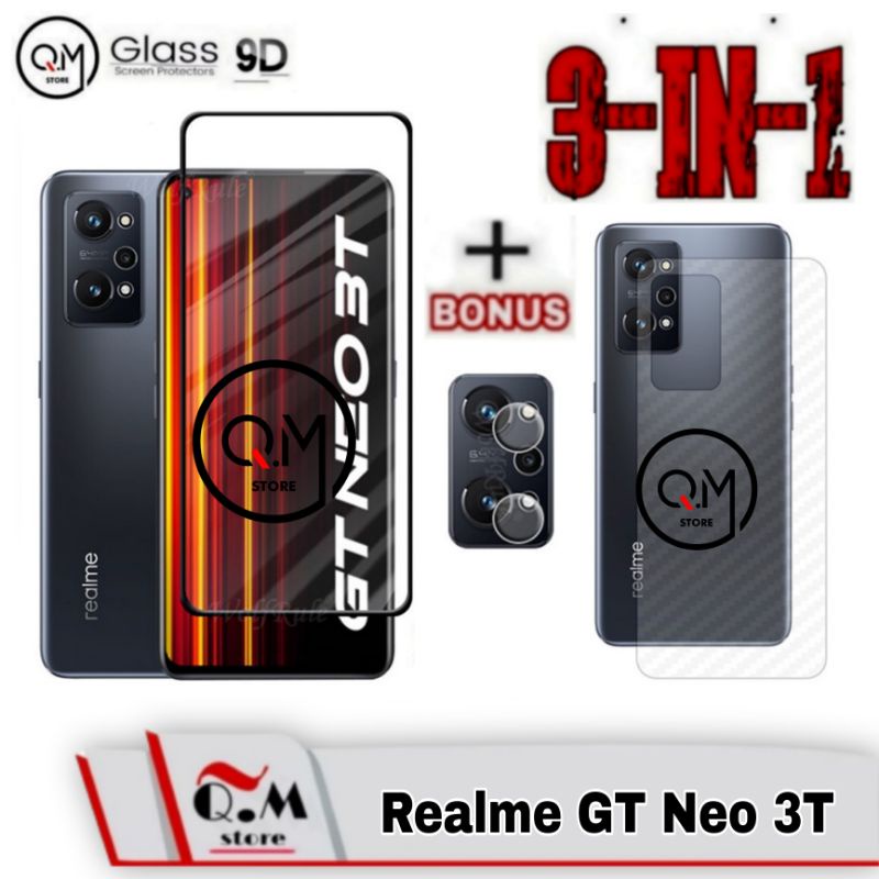 Paket 3 in1 Tempered Glass Layar Realme GT Neo 3T Anti Gores 9D Screen Quard Lensa Camera Full + Garskin