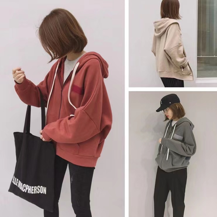 12.12 SALES!Jaket Tudung Hoodie Wanita Resleting Longgar Lengan Panjang Plus Mantel  Beludru