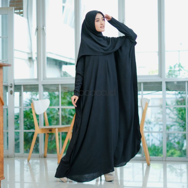 abaya set premium sudah dengan kerudung hitam ada saku sleting lengan panjang free size