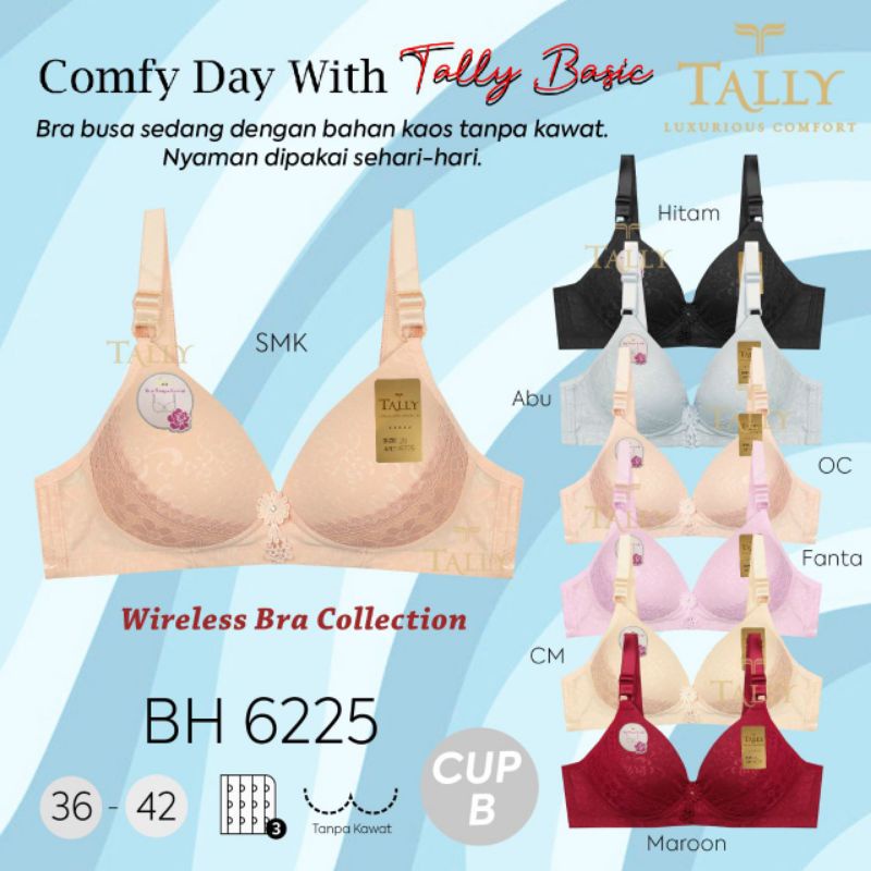 TALLY BRA BH 6225 | CUP B | TANPA KAWAT | KAIT 3 | SIZE 36 - 42