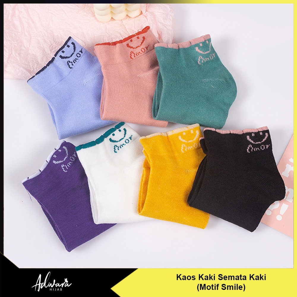 Kaos Kaki Pendek Semata Kaki Wanita Motif Smile Warna Polos Ankle Sock Import