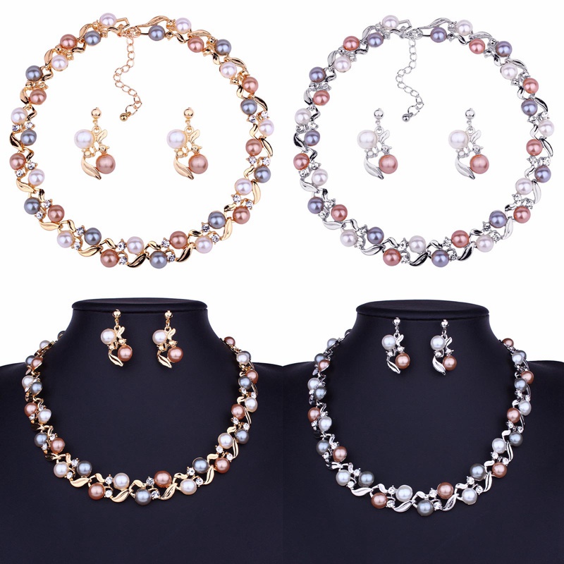 Women Faux Pearls Rhinestone Chain Necklace Earrings Wedding Bride Jewelry Set