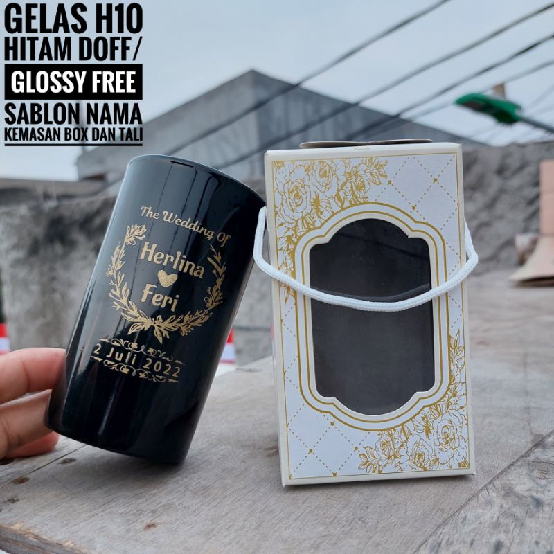 Souvenir gelas h10 hitam doff,hitam glossy free sablon nama,kemasan box