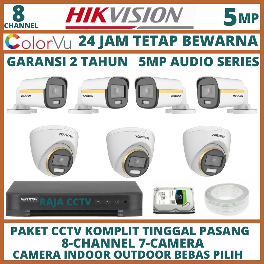 PAKET CCTV HIKVISION 5MP COLORVU AUDIO 8 CHANNEL 7 CAMERA